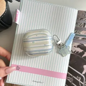 Transparent Blue Striped Earphone Case with Lanyard, Compatible with Apple AirPods Pro 2/AirPods Pro/AirPods 4/AirPods 3/AirPods 2