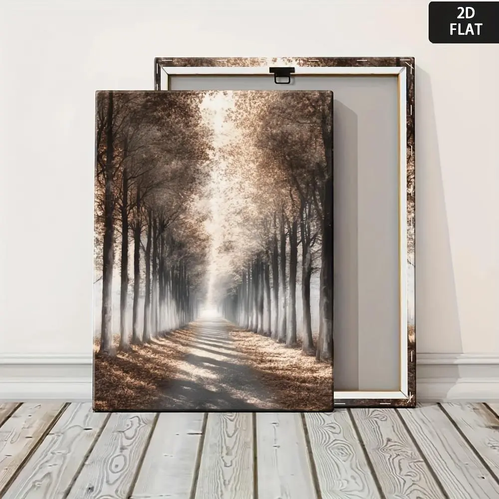 2D flat, minimalist beige and brown tree line canvas wall art print unframed modern monochrome forest painting for living room, bedroom, office decor neutral nature themed wrapped canvas poster for home and classroom de