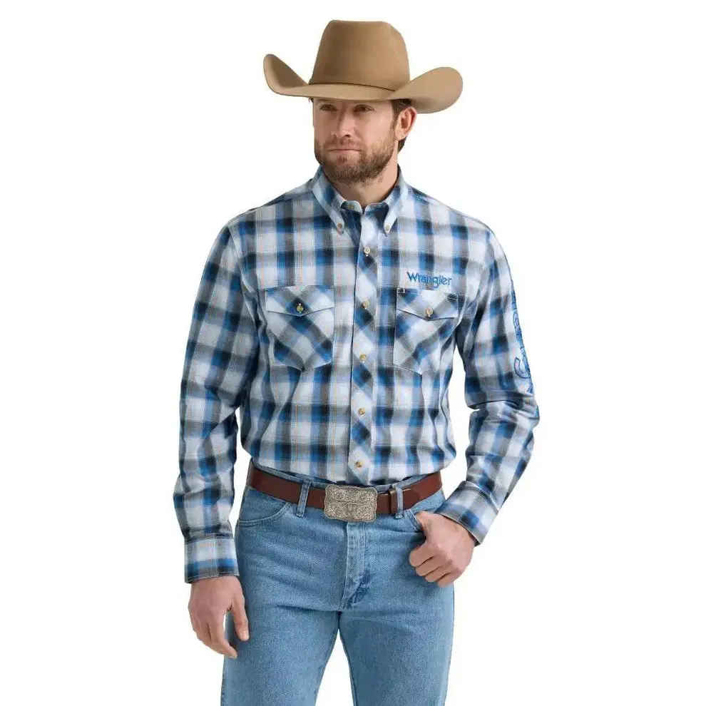 Wrangler Men's "Logo Plaid" Long Sleeve T-Shirt, Blue - 112352383