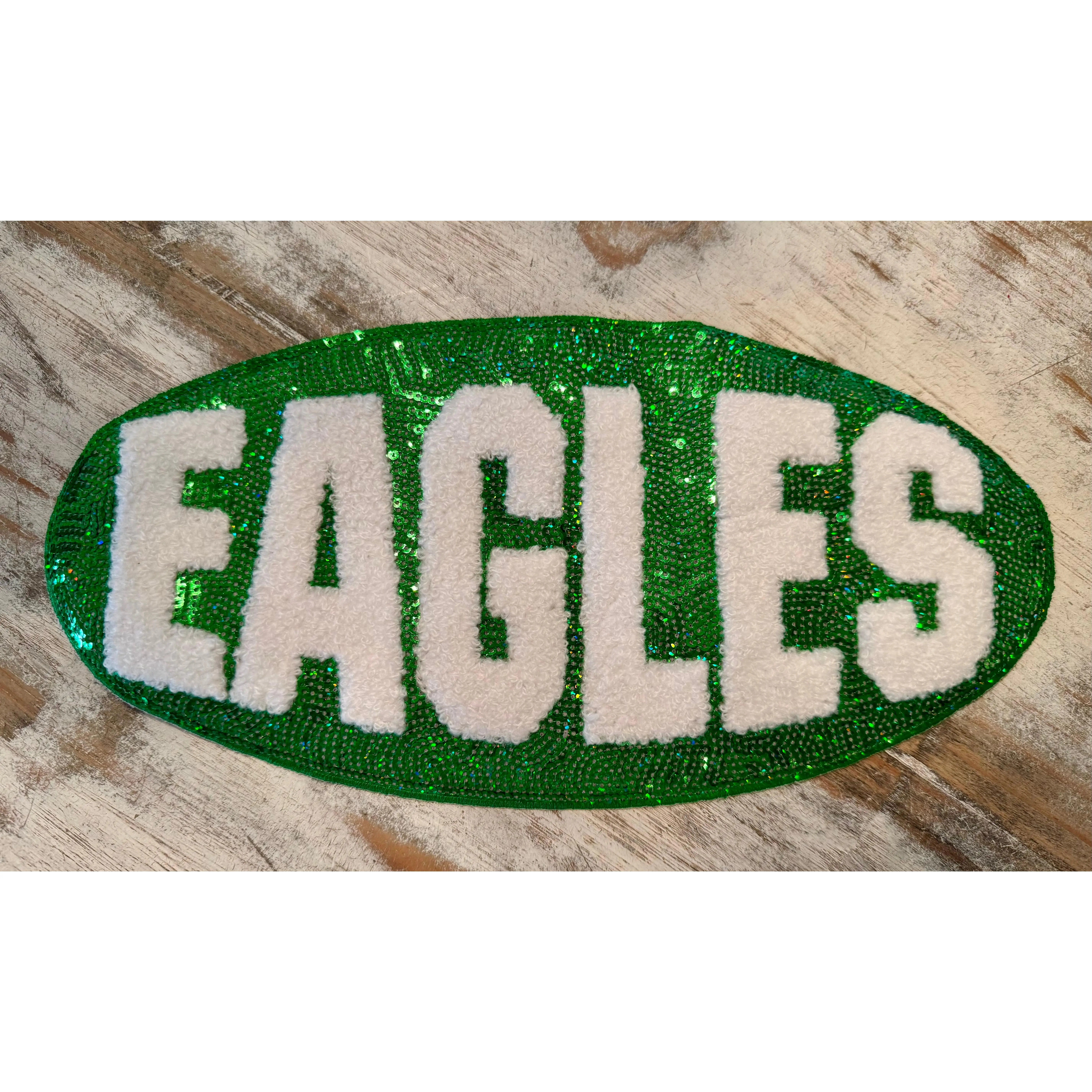 Iron-On Polyester Eagle Embroidered Patch with Large Sequin Detail - 11” W x 5.45” H, Cotton-Compatible, Heat Press Applicable, Recommend to Use a Lint Roller, for Home Decor, Clothing, Tank Tops, Tote Bags