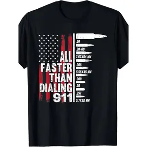 100% Cotton Men Gifts  All Faster Than Dialing 911 American Flag Gun Lover For Men T-Shirt Golf Gift T-Shirt For Men And Women