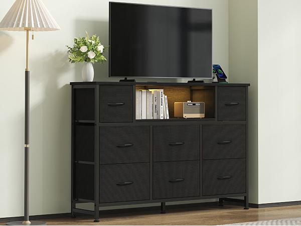 TV Stand with 8 Fabric Drawers & Power Outlet, LED TV Console with USB & Type-C, Storage Dresser for Living Room, Black TV Stand with 8 Fabric Drawers & Power Outlet, LED TV Console with USB & Type-C, Storage Dresser for Living Room, Black
