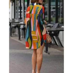 Rainbow Stripe Charm - Vibrant Button Front Womens Shirt with Flowy Lapel Collar and Long Sleeves - Stylish Casual Fashion