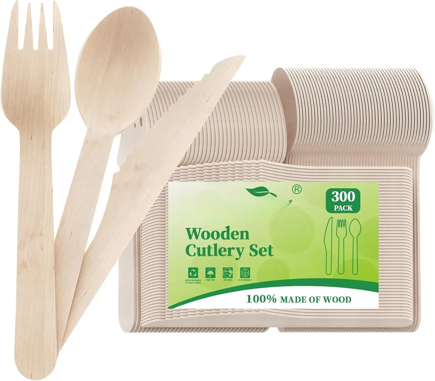 300 Count Disposable Wooden Cutlery Set, 100 , Forks and Spoons each, Splinter-Free Compostable Wooden Disposable Utensils for Party, Camping, Traveling, Family Dinners