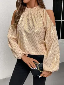 Gold Foil Ruffle Lantern Sleeve Off-Shoulder Top Blouse, Elegant Chic Women's Fashion, Stylish Evening Wear, Unique Design Clothing, Womenswear