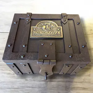 Winchester Cast Iron Hinged Lock Box - Antique Look, Distressed Finish, Brass Tag, Organizer Storage, Traditional Western Home Decor Rustic Decorative Box, Traditional Home Decor