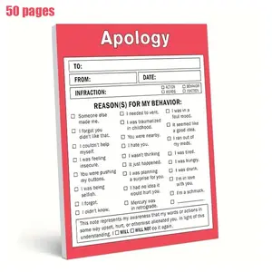 50 Sheets per Booklet, Diverse Apology Notes, Ideal for Colleagues, Fun Use at Home, Creative Office Communication Tool, Funny Gift Idea, Creative Office Notepad