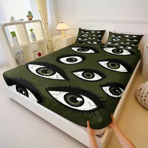 Vintage Grid Texture Eye Print Bedding Set, Fully Enclosed Non-Slip Fitted Sheet, Artistic Bedroom Decor, Unique Gift for Art Lovers