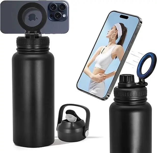 Roll over image to zoom in        32oz Water Bottle with Magnetic Phone Holder, Stainless Steel Water Bottles Compatible with MagSafe Phone Mount and Tripod for iPhone, Double Walled Insulated tumbler for Gym Sport, White