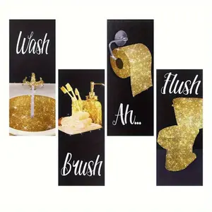Glamorous Women's Bathroom Western Wall Art Decor, 4 Counts/set Hilarious Quotes, Elegant Black & White with Gold Accents, Durable Wood Hangings, Ornaments