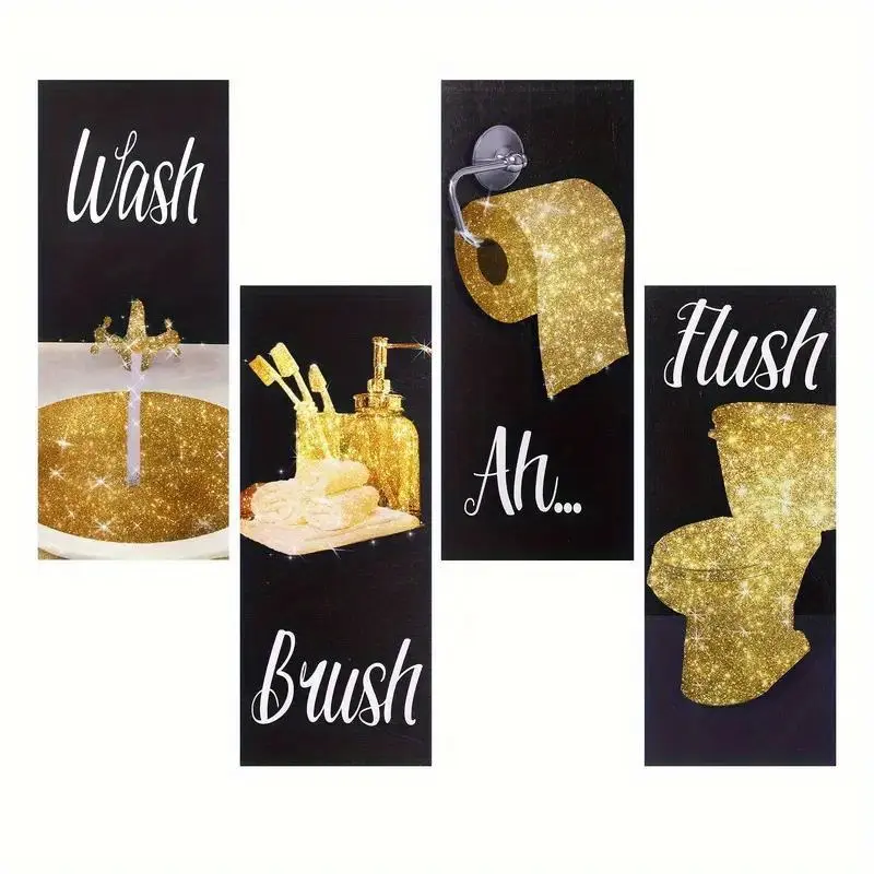 Glamorous Women's Bathroom Western Wall Art Decor, 4 Counts/set Hilarious Quotes, Elegant Black & White with Gold Accents, Durable Wood Hangings, Ornaments, Decoration