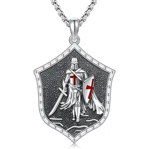 Crusaders Templar Knights Pendant Necklaces 925 Sterling Silver Oxidation Sword and Shield Vintage Iron Cross Necklace Religious Necklace for Christian Amulet Viking Jewelry Gifts for Men