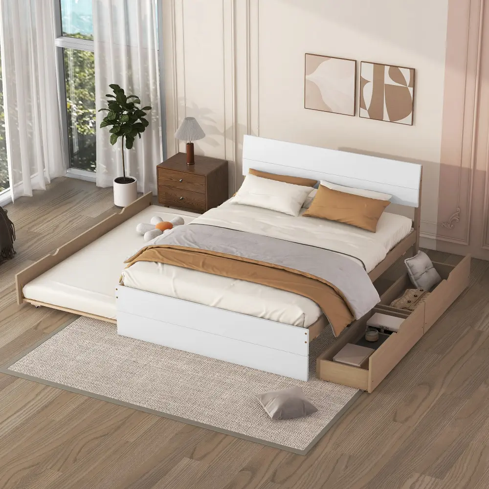 Modern Twin (Single) Bed Frame with White High-Gloss Headboard, Footboard, Light Oak Trundle, Trundle Space, Wood Grain Finish, 78.81"l x 41.22"w x 35.39"h, 200 lbs Capacity, Easy KD Assembly, Slat Base, Assembly Required