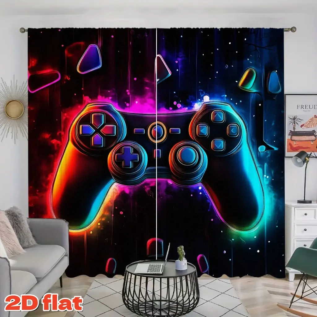 2D Flat 2Pcs Gamer Controller Neon Glow Curtains, Window Drapes for Teen Boys Gaming Room Decor, Vivid Semi Sunshade Pole Pocket Window Panels Home Spaces, Aesthetic Anti-Privacy Treatment, Christmas Gift, Home Decoration Curtain