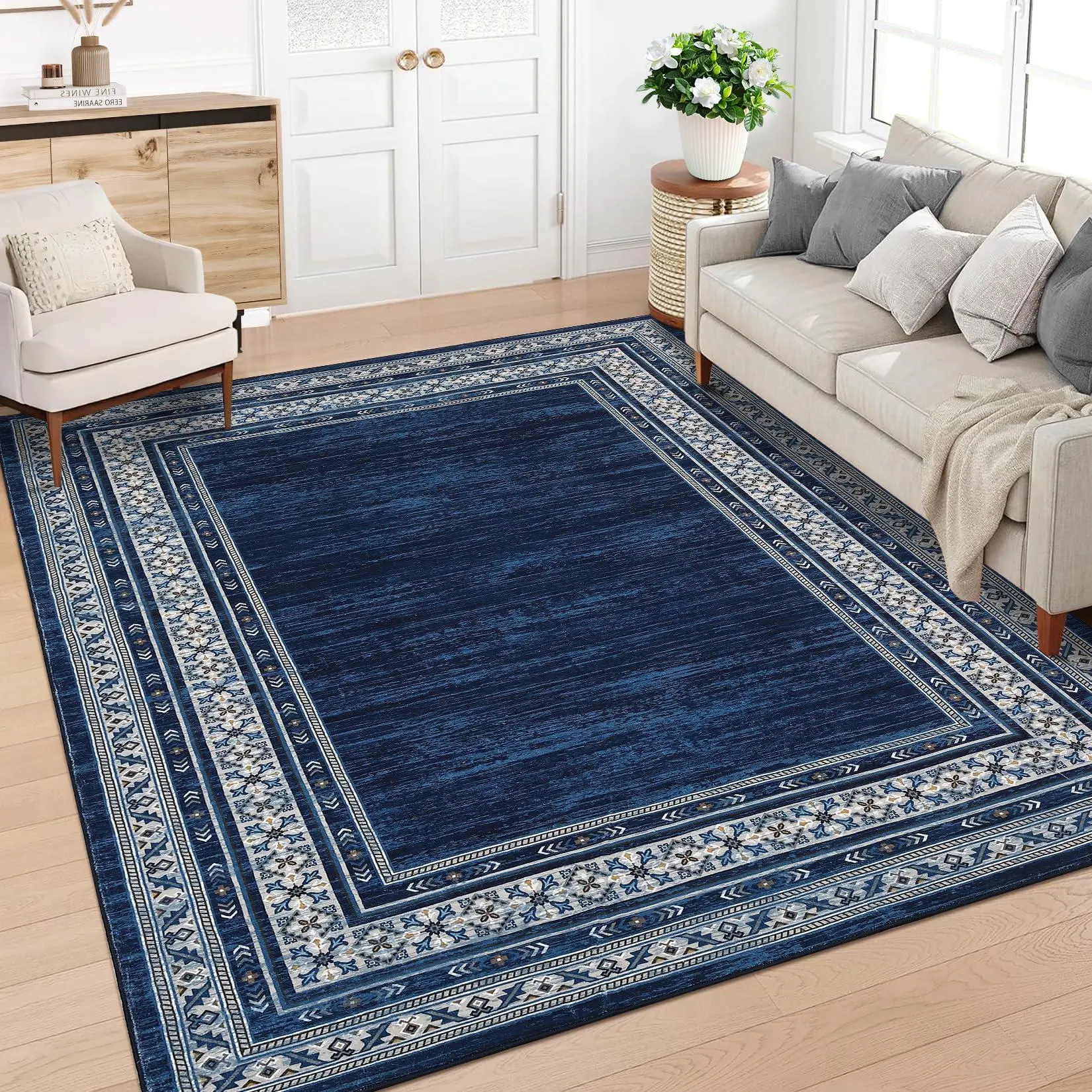 GARVEE 5x7ft Large Washable Thin Area Rug Soft Low Pile Non Shedding Floor Carpet Modern Anti Slip Rug, Distressed Geometric Bordered Rug for Living Room, Bedroom, Office, Blue