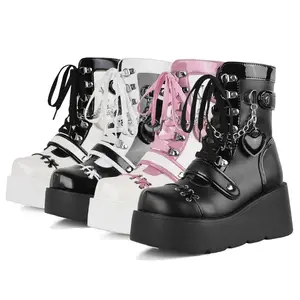 EROCALL  Women Goth Platform Boots Lolita Kawaii Shoes Wedge High Heel Lace Up Mid Calf Boots Vintage Ankle Boots