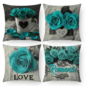 Rose Pattern Cushion Cover, 4 Counts/set Romantic Love Heart Letter Pattern Throw Pillow Cover, Household Decoration Supplies for Home Living Room Bedroom