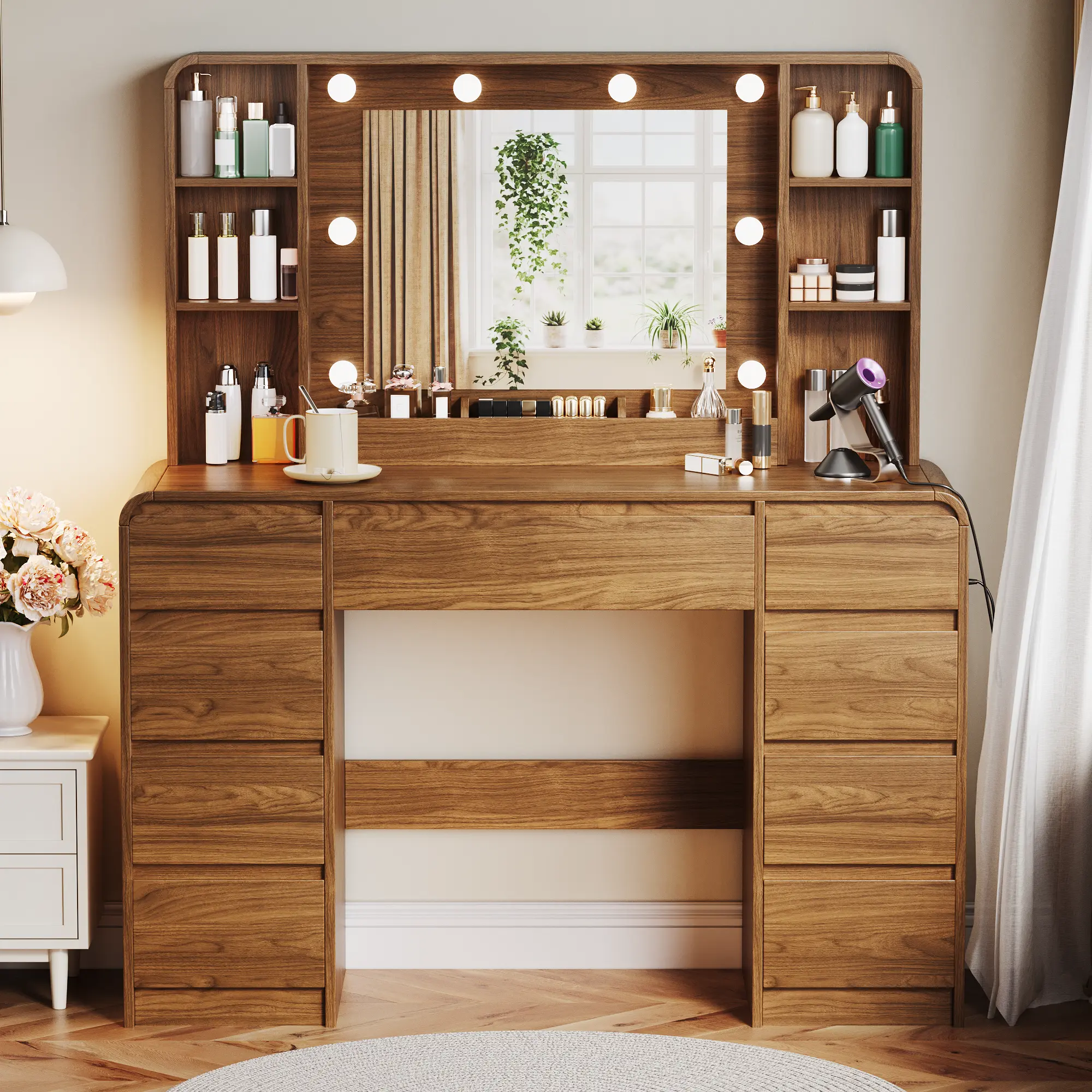 TOKSOM 44.8"Makeup Vanity Desk with Mirror and Lights,Vanity Desk with 9 Drawers & Storage Shelves,Vanity Table with Power Outlet,3 Color Modes & Adjustable Brightness Dressing Table,Bedroom,White/Black/Walnut
