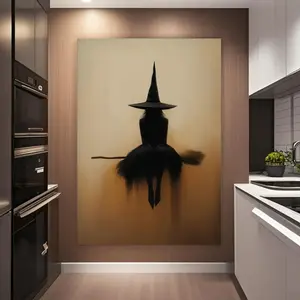 Mysterious Reflection Witch Broom Canvas Artwork Halloween Decoration Autumn Decor for Living Room Bedroom Office Kitchen Dining Room Wall Decorative Wood Framed Painting Ornaments Photo Artistic Print poster