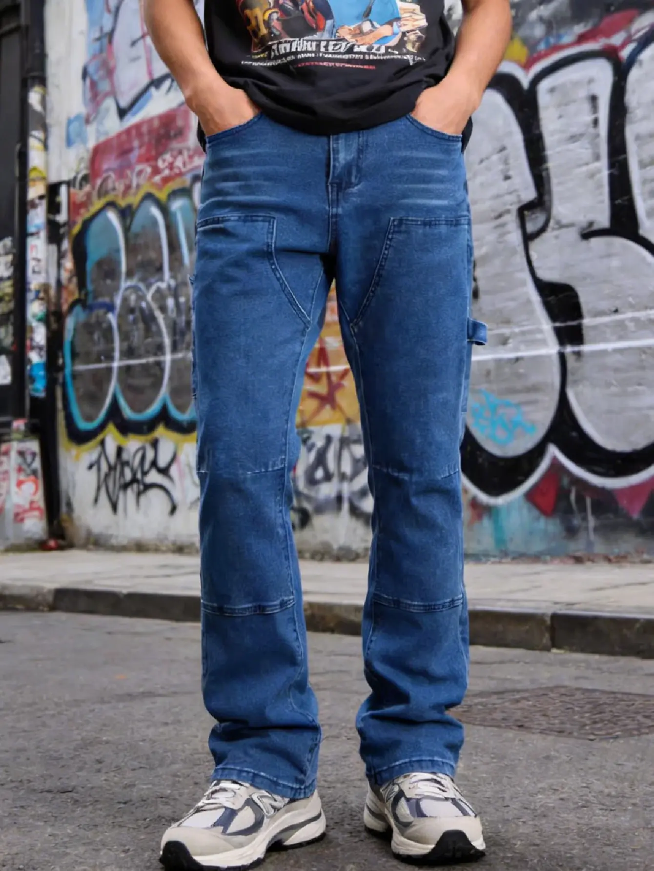 Men’s High‑Street Fashion Slim‑Fit Patchwork Denim Jeans — Casual Solid Color Long Jeans