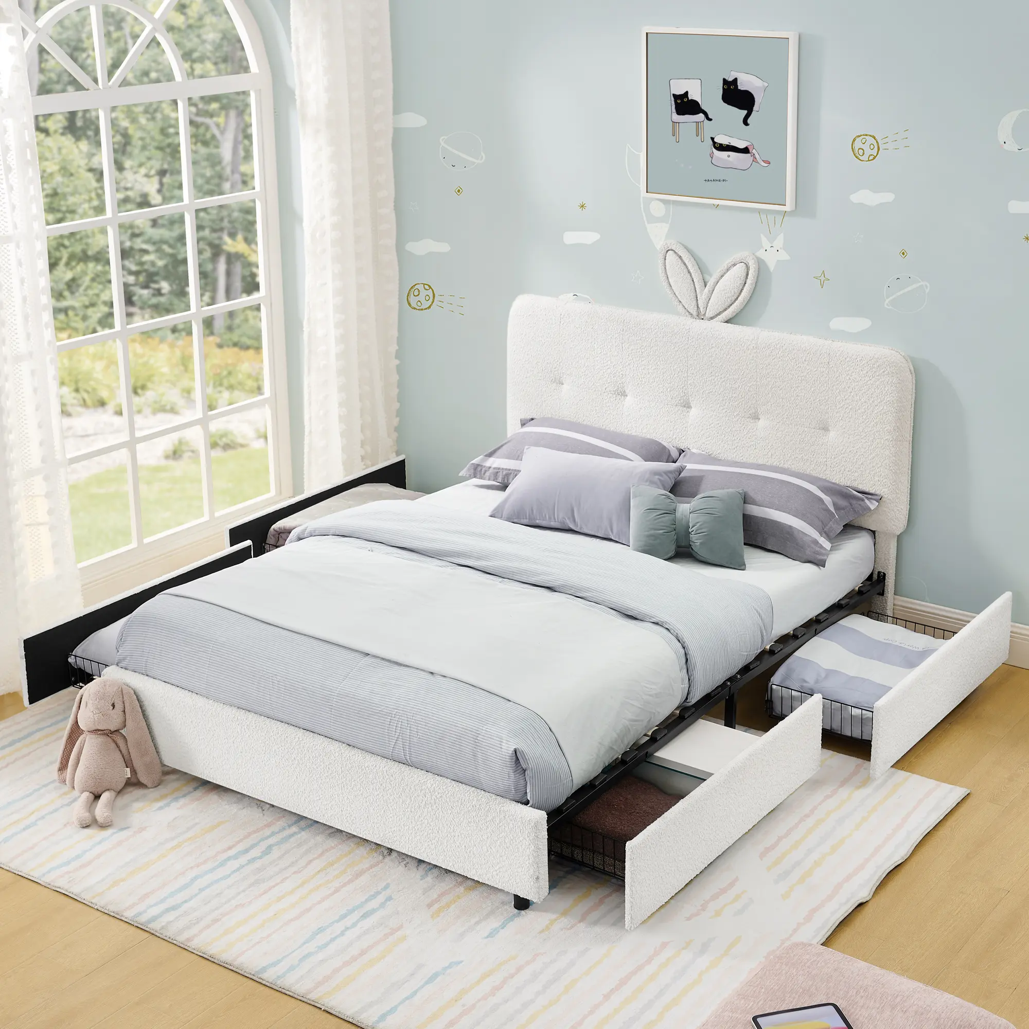 Cute Full Size Boucle Fabric Kids Bed Frame - Kids Bedroom Furniture with Oversized Rabbit Ear Headboard, LED Light, 4 Underbed Storage Drawers, No Box Spring Needed divan bed