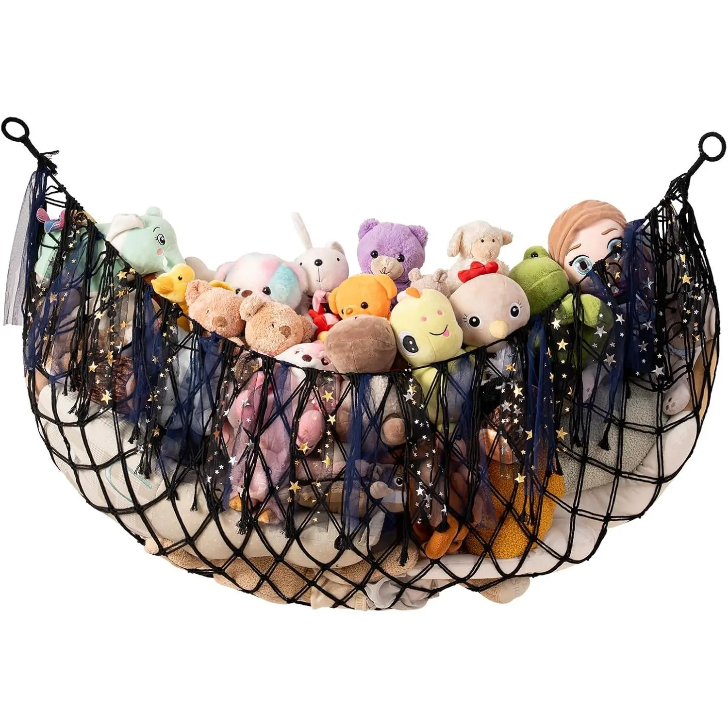 Rustproof Steel Synthetic Wall Mount Toy Organizer, 59'' Long Boho Macrame Hammock, Black Wall Hanging Net for Girls' Bedroom Plushies Teddy Bears Storage