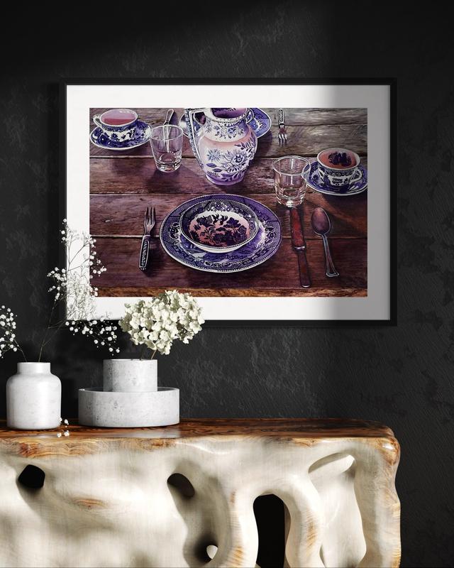 The Table Is Set Watercolor Painting - Framed Artwork Featuring a Wooden Table with Blue and White Dishes and Utensils