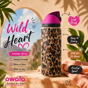 Owala Freesip 32oz Wild At Heart Water Bottle Leakproof, 24H Cold, BPA-Free Trendy Leopard Design for Outdoor & Travel