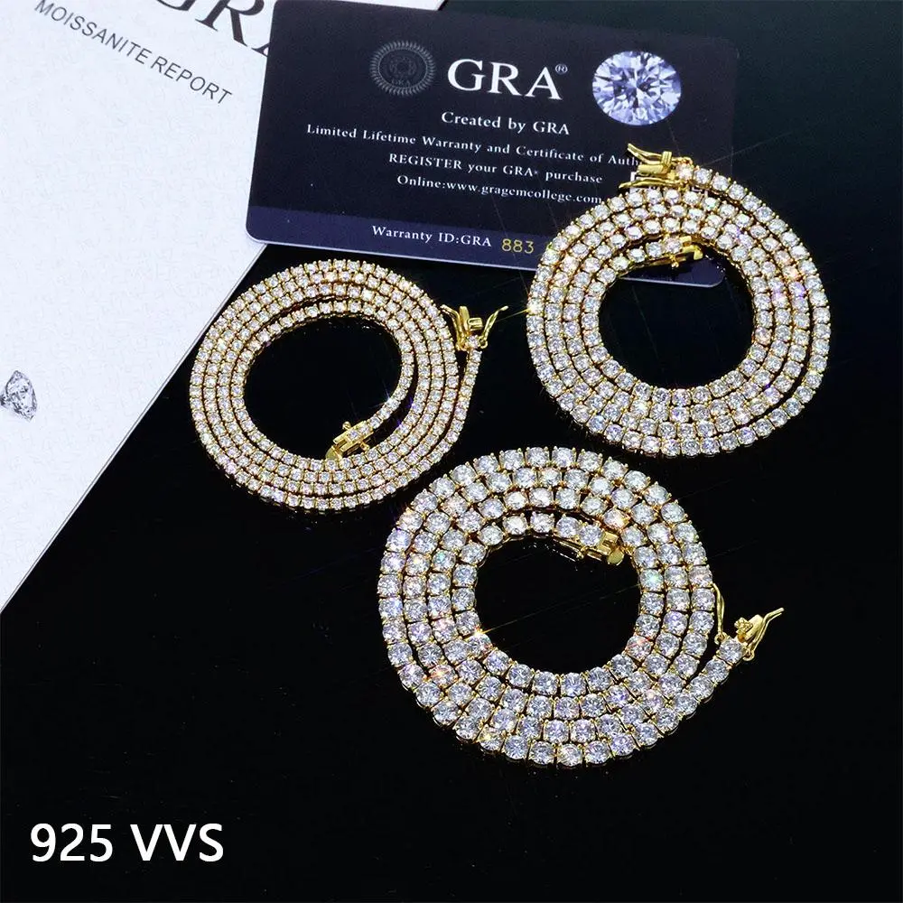 Luxur Jewelry 925 VVS 2345MM Width Moissanite Tennis Necklace Pass Diamond Test Bling Iced Sterling Silver Chain with Gra