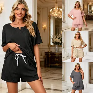 Womens Minimalist V Neck Lounge Set 2 Piece Loose Fit Soft Pajamas Cozy Shorts Sleepwear Outfit for Summer Morning Routine Daily Lifestyle and Trendy Birthday Gift for Bestie