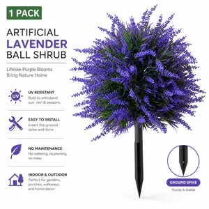 UV Resistant Artificial Lavender Ball Shrub with Ground Spike - Lifelike Artificial Outdoor Flowers, 1 Pack Outdoor Decor for Front Porch, Garden, Indoor Decoration