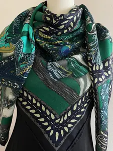 Wool Silk Luxury Extra Large Square Scarf Big Shawl Wrap 55x55" 140x140cm “All Dressed Up Horses” Emerald Green Large Scarf All Season Gifts
