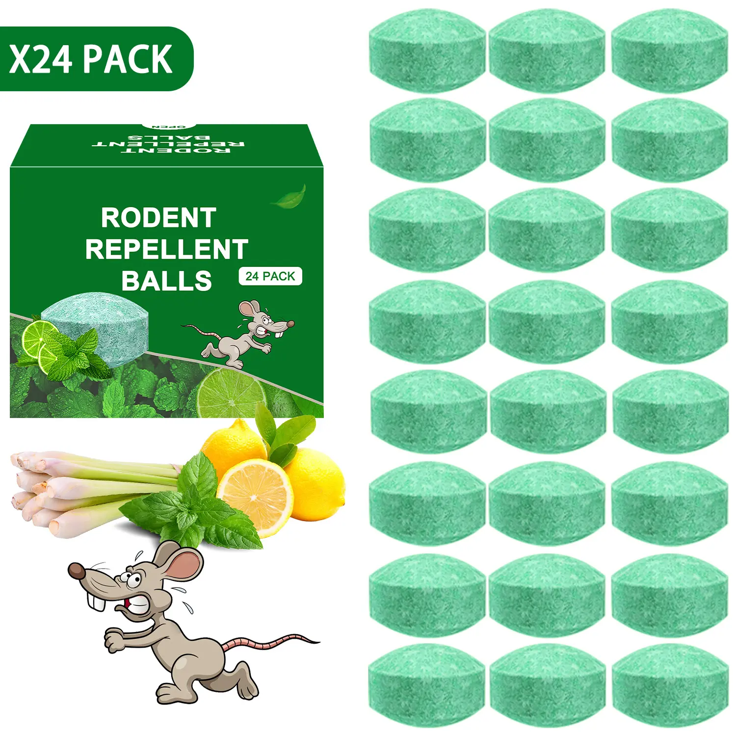24 Pack Rodent Repellent Balls | Peppermint Oil Mice Deterrent | Effective Rat Repellent for Car Engine, Garage, Home & Attic | Non-Toxic Pest Control Solution