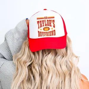 Go Taylor's Boyfriend Trucker Hat for Women and Teens - Funny Travis Football Fan Adjustable Cap - Red and Gold Team Graphic Snapback