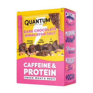 Quantum Energy Square Healthy Protein Energy Bars Dark Chocolate Pink Himalayan Salt 8Pk Snack - Organic Caffeine with Balanced Macronutrients, 10g Plant-Based Protein, Vegan, Gluten-Free, Non-GMO