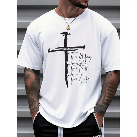 Men's Pure Cotton Crew Neck T-Shirt - Christian Faith Digital Print, Short Sleeve, Breathable Regular Fit, Preppy Religious Top, New Year Menswear, Multi-Size Spring Summer Casual Streetwear