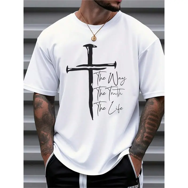 Men's Pure Cotton Crew Neck T-Shirt - Christian Faith Digital Print, Short Sleeve, Breathable Regular Fit, Preppy Religious Top, New Year Menswear, Multi-Size Spring Summer Casual Streetwear