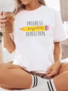 100% Cotton UnisexProgress Over Perfection Proud Teacher Teaching Job T-Shirt Short Sleeve T-Shirt Women's Men's Graphic Tee Causal Tops