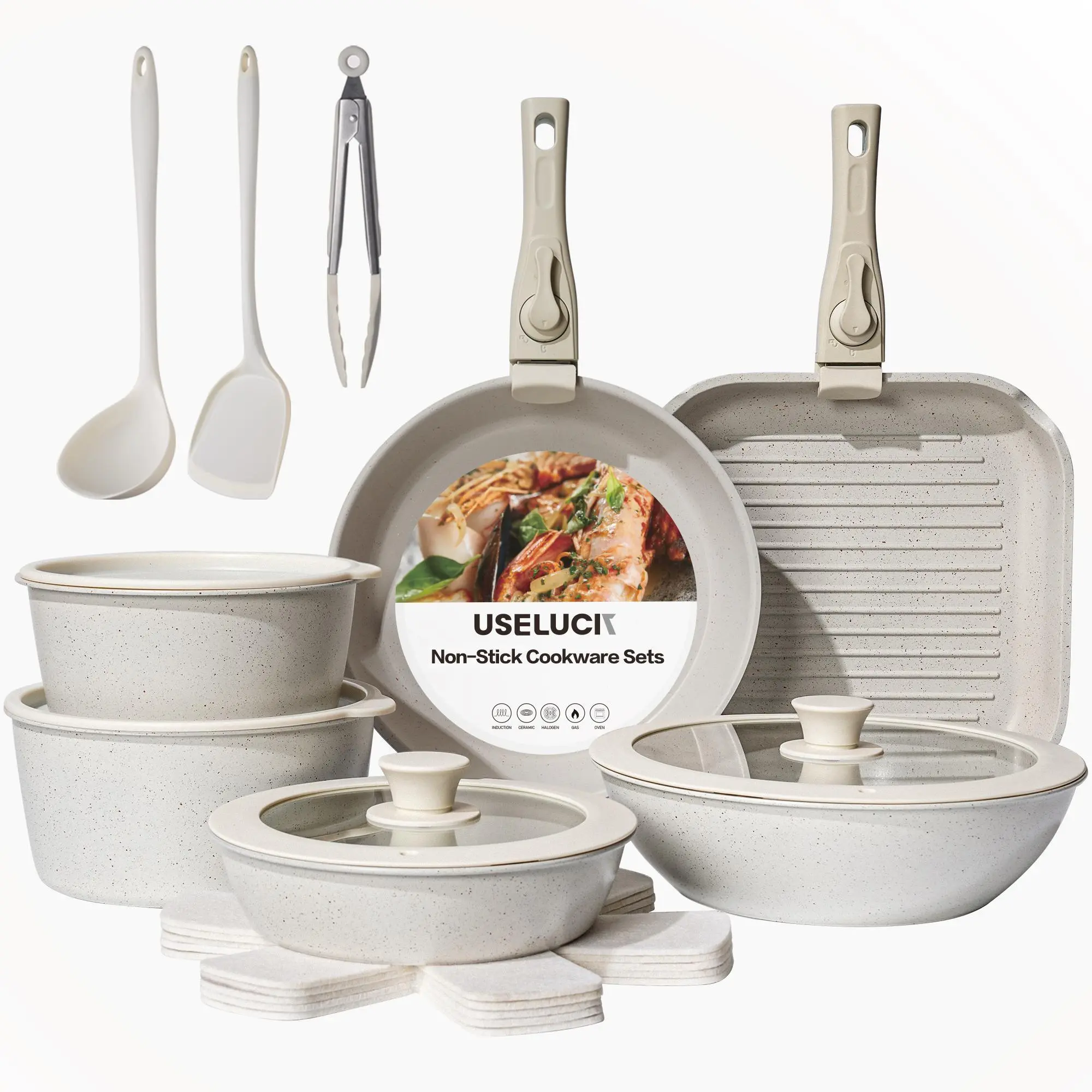 USELUCK-Camping and Baking Removable Handles, Non-Stick Cookware Sets, Essential Stackable Non-Stick Cookware Sets (Oven Safe and RV Friendly), Multiple Colors, Multiple Combinations Available,father'sdaygifts,campingessentials,campinggear,home essentials