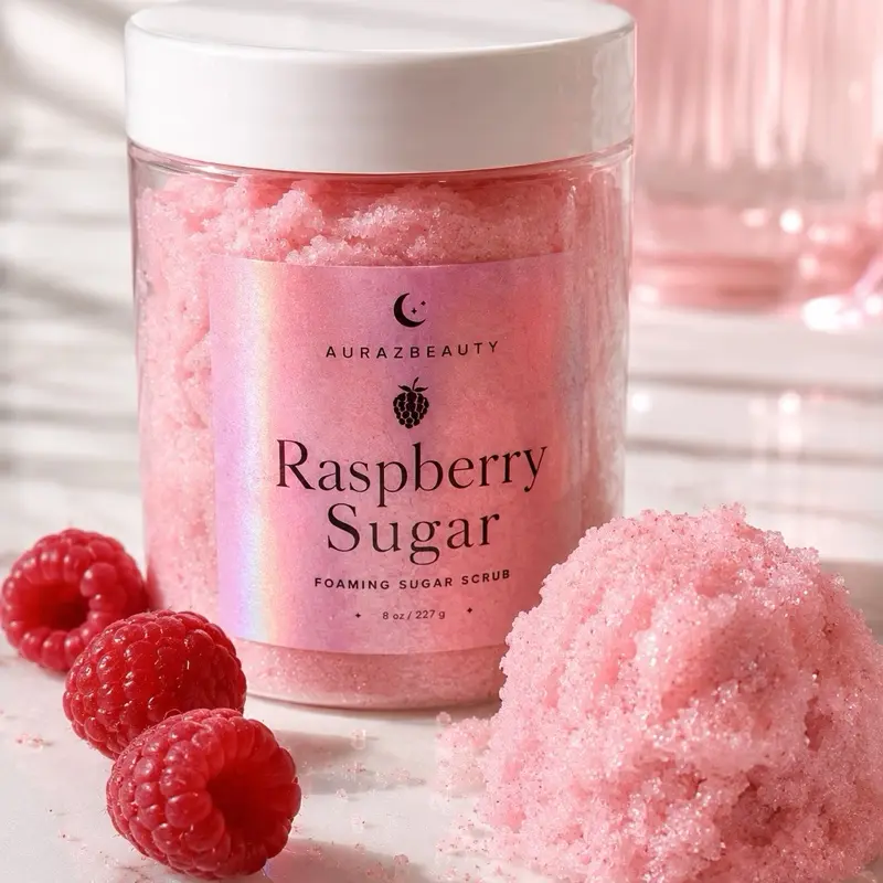 Raspberry Sugar 8 oz Fragranced Vegan Foaming Sugar Scrub - Gentle Skin Care Exfoliator for Daily Cleansing, Hydration