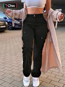 women's plain pocket button fly cargo pants, casual streetwear solid color trousers for daily wear, ladies bottoms for all seasons