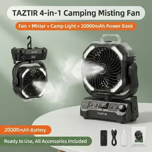 TAZTIR  Camping Misting Fan with Mosquito Repellent, 20000mAh Rechargeable Outdoor Cooling Fan, Stepless Speed, Adjustable Airflow, Tent Travel Fan Portable USB-C box electric