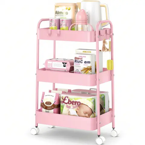 3 Tier Rolling Cart, Metal Utility Cart with 4 Hooks Storage Cart on Wheels Craft Cart with Handle for Organizer Storage for Classroom Office Dorm Home Pink