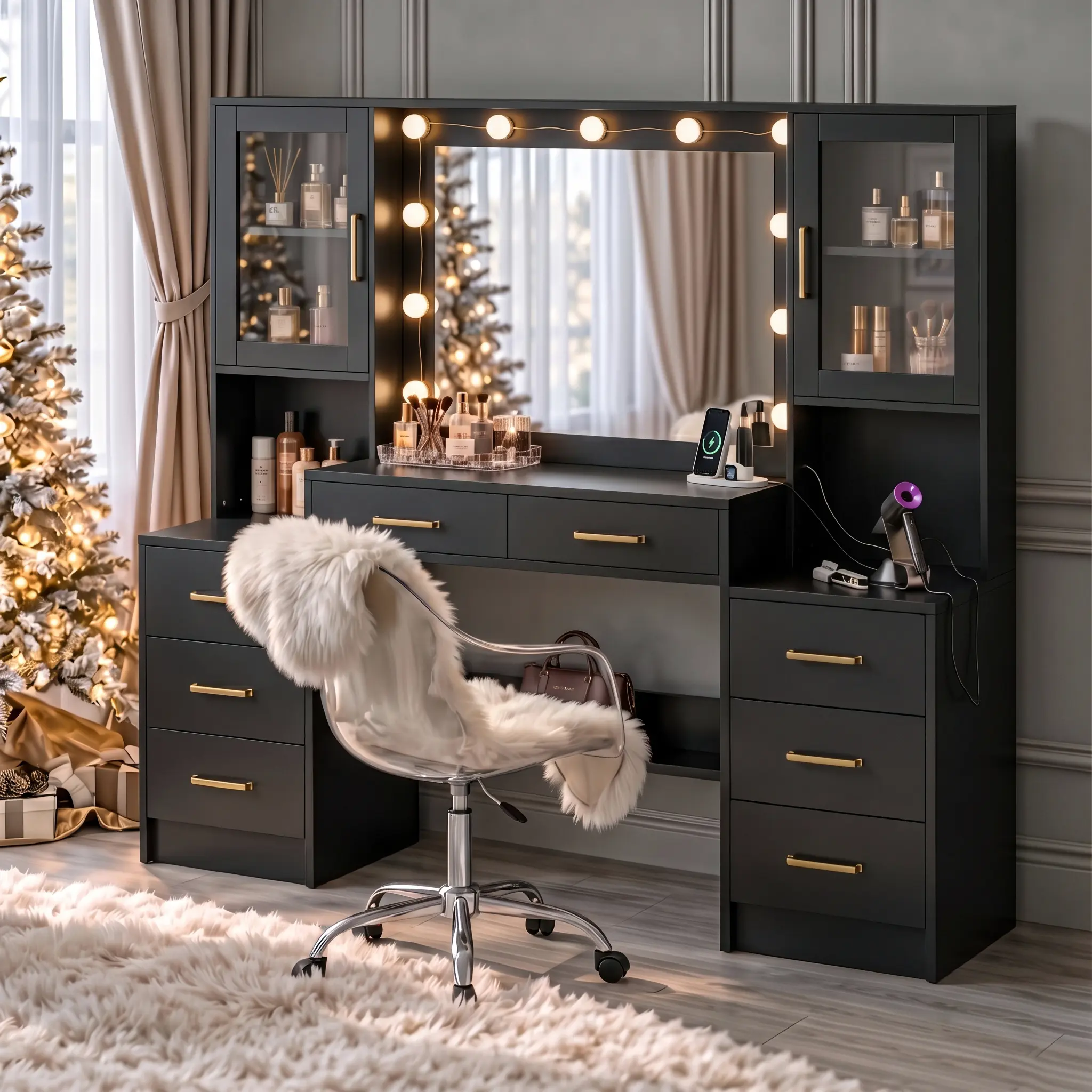 58.3"-Wide Farmhouse Vanity - Makeup Vanity with Mirror, Replaceable Lights, Charging Ports, 8 Drawers, 2 Cabinets, Sturdy MDF Board, Metal Handles, Easy Pull, 6-Month Bulb Cover, Girly Room Bedroom Dressing Table Set (White/Black/Pink, No Stool)