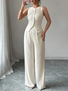 Women's Fashion Solid Color Textured Sleeveless Round Neck Slim Fit Vest with Buttons and High Waist Loose Straight Leg Pants