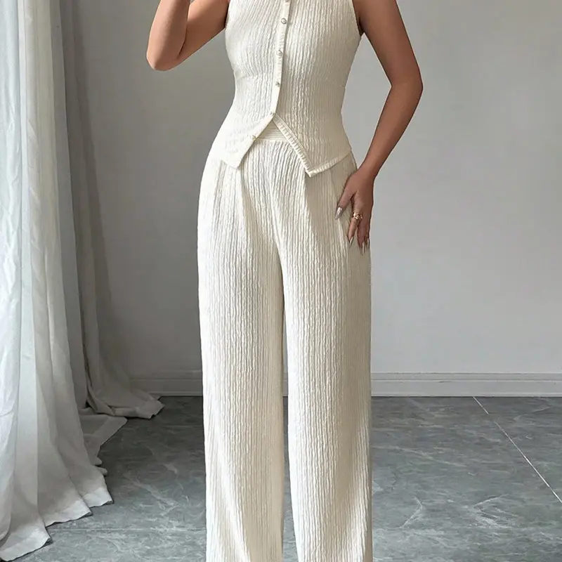 Women's Fashion Minimalist Top Set Solid Color Textured Sleeveless Round Neck Slim Fit Vest with Buttons and High Waist Loose Straight Leg Pants