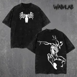 Retro Limited Symbiote Black Suit Spidey Hero MCU Edition Graphic Tee Double Sided Print Oversized Acid-Washed Heavyweight Cotton T-Shirt – Unisex Manga Tee, Perfect Gift for Movie Fans and Lovers Menswear Tops