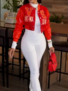 Women's Letter Patched Button Front Crop PU Jacket Coats, Casual Drop Shoulder Long Sleeve Baseball Collar Outerwear for Fall & Winter, Ladies Clothes for Daily Wear