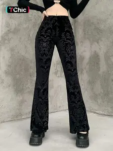 Women's Ethnic Pattern Elastic Waist Flare Leg Pants, Comfort Womenswear for Lady, Fall Clothes, Casual Comfy Bell Bottom Velvet Trousers for Fall, Pants for Women, Ladies Bottoms for Daily Wear, Fall Outfits, Fallfreshness