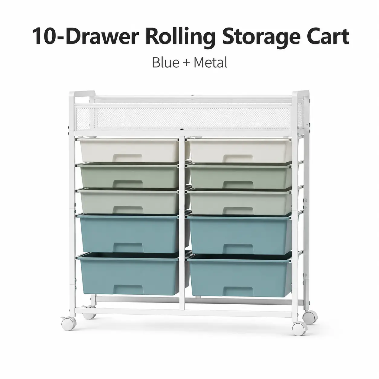 10-Drawer Rolling Storage Cart with Top Mesh Basket, Blue + Metal Mobile Drawer Organizer with Lockable Casters for Home Storage